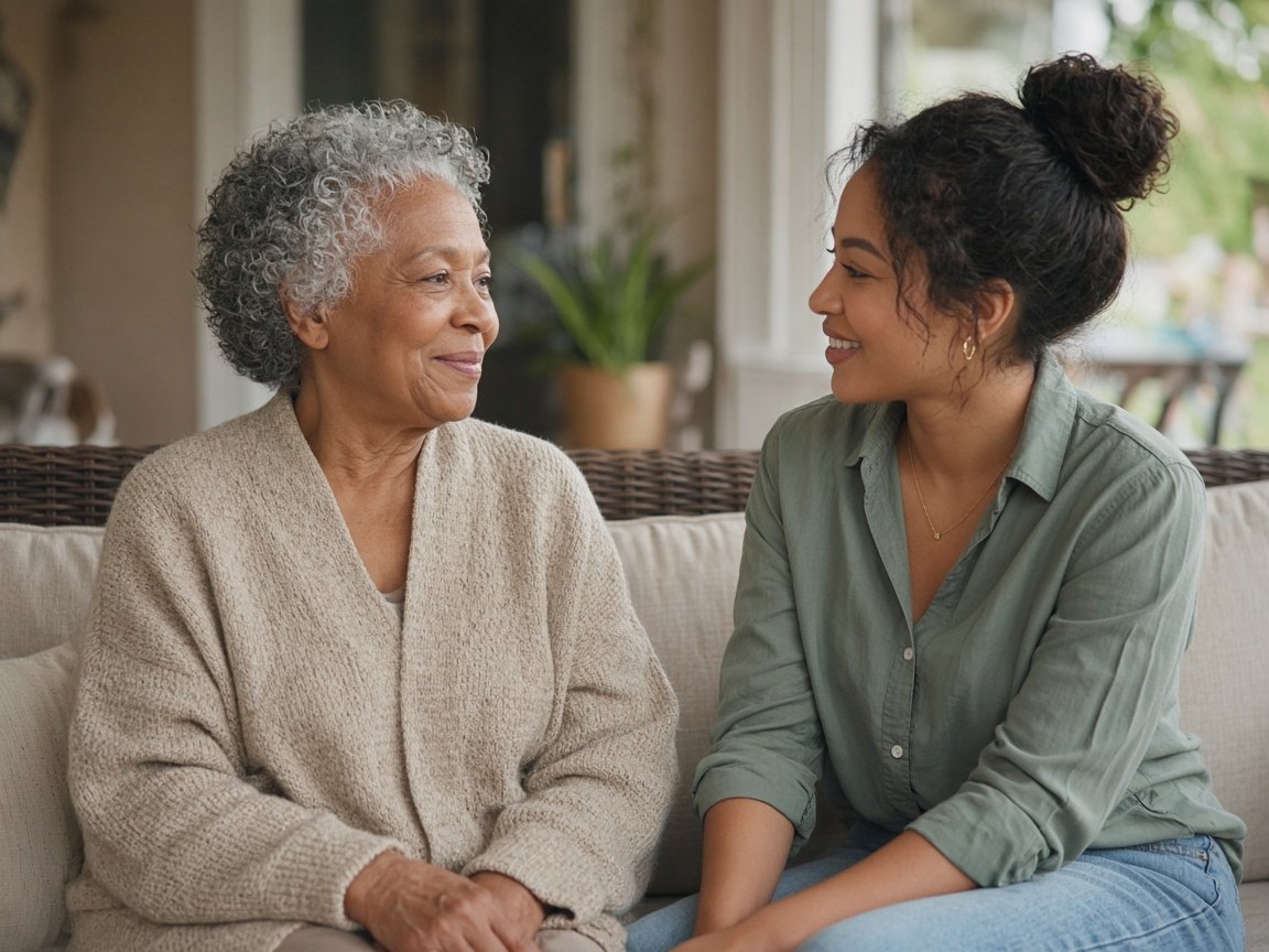 Older adult and caregiver sharing a calm conversation
